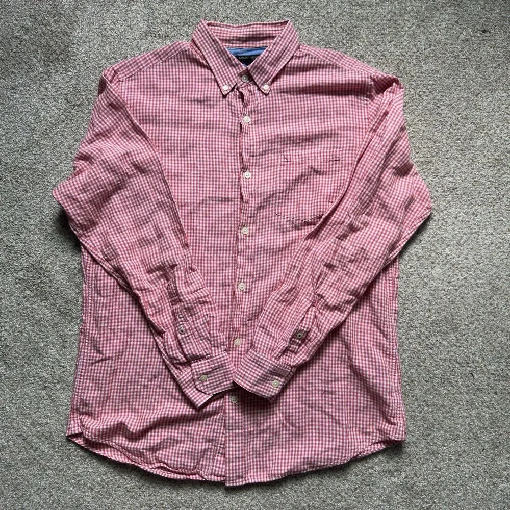 Banana Republic red check long sleeve button up shirt slim fit Linen Blend SZ. L